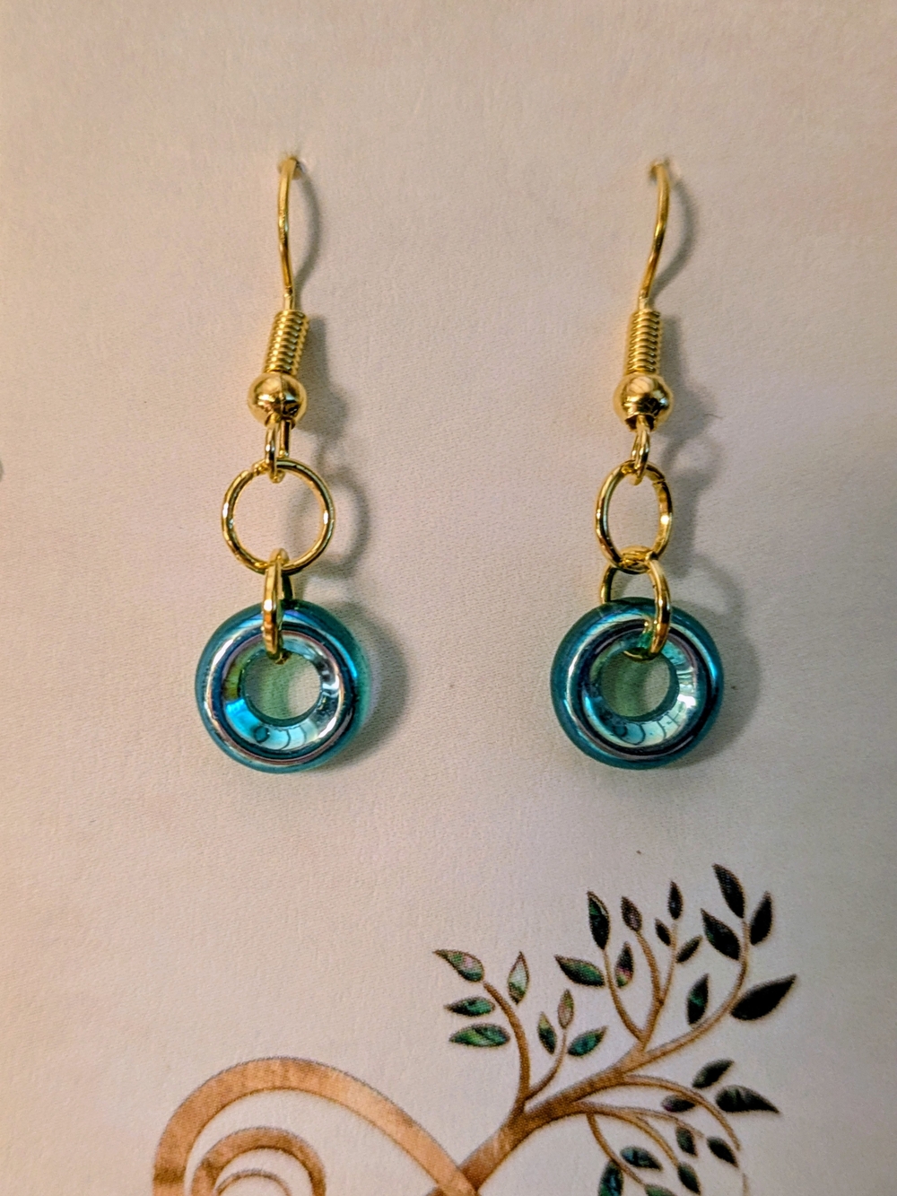 Blue Glass Ring and Gold Drop Earrings